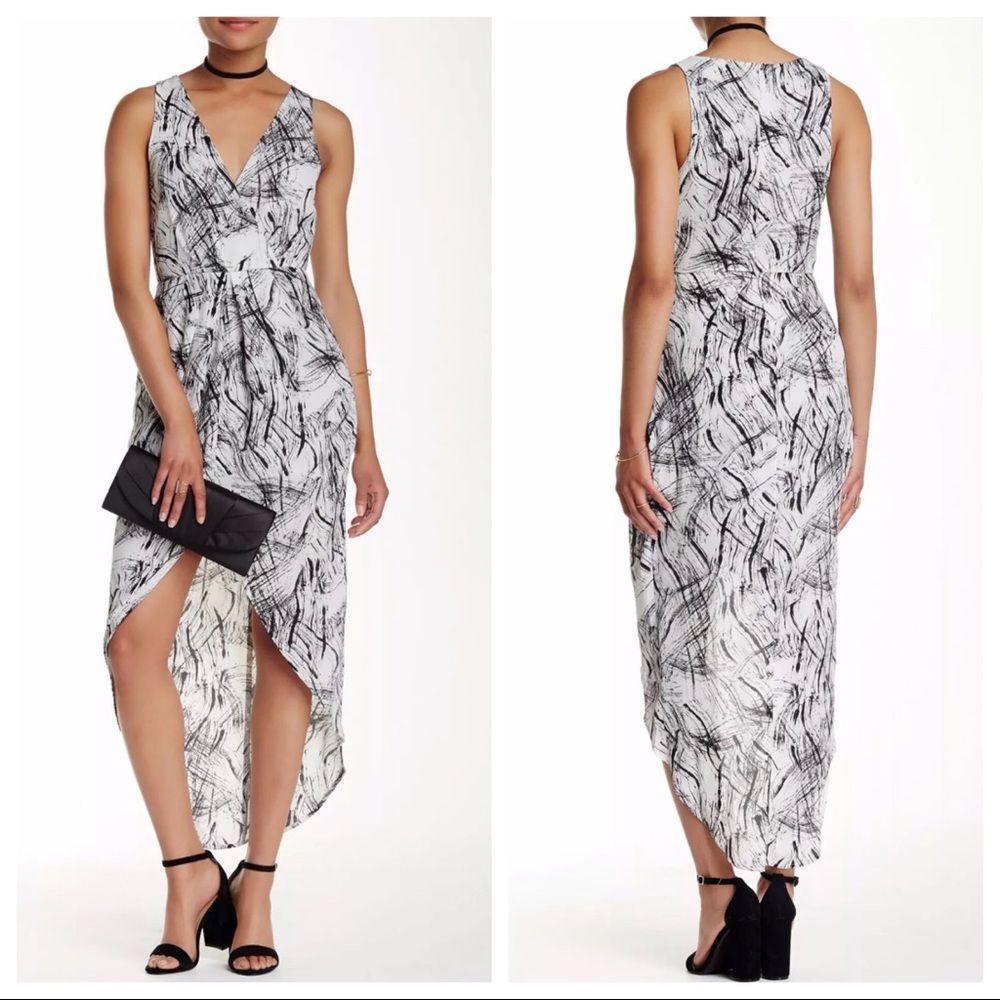 ASTR Faux Wrap Hi Lo Black White V-Neck Maxi Dress